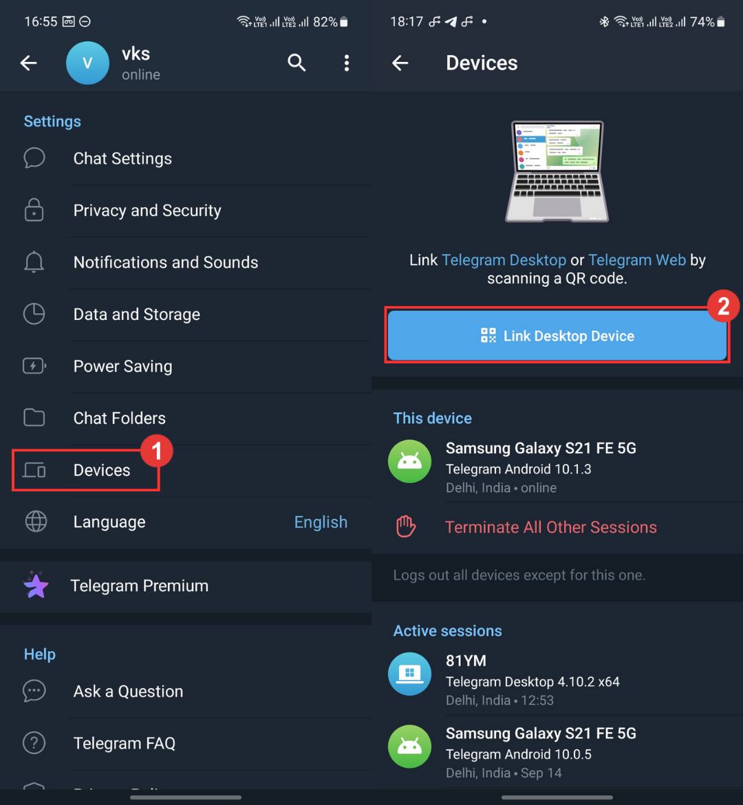 Link desktop device in Telegram