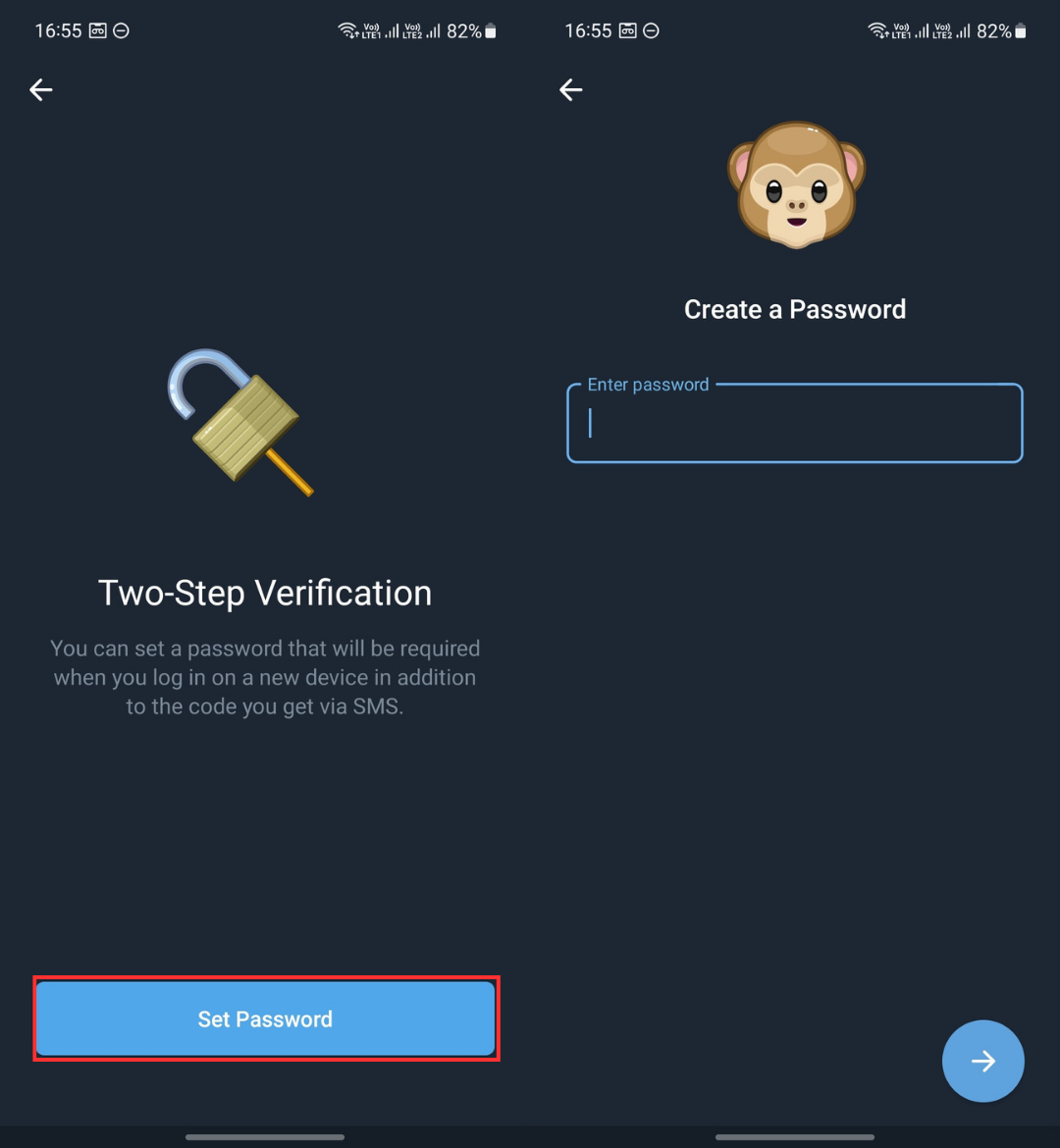 Settings two step verification password in Telegram
