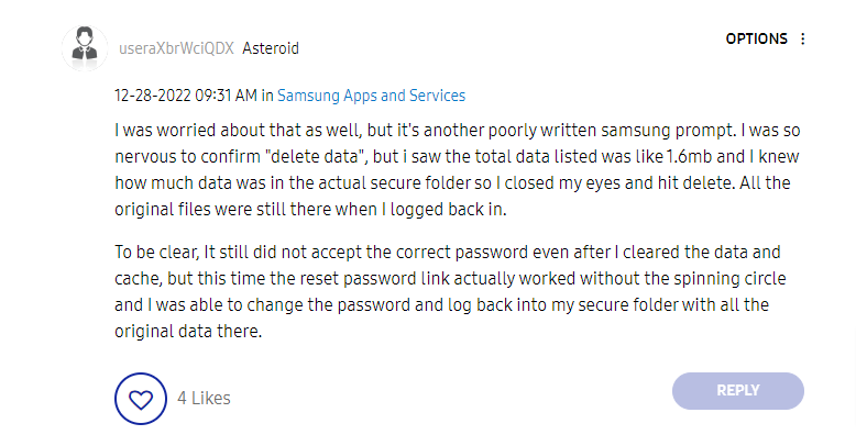 user response on Samsung Community