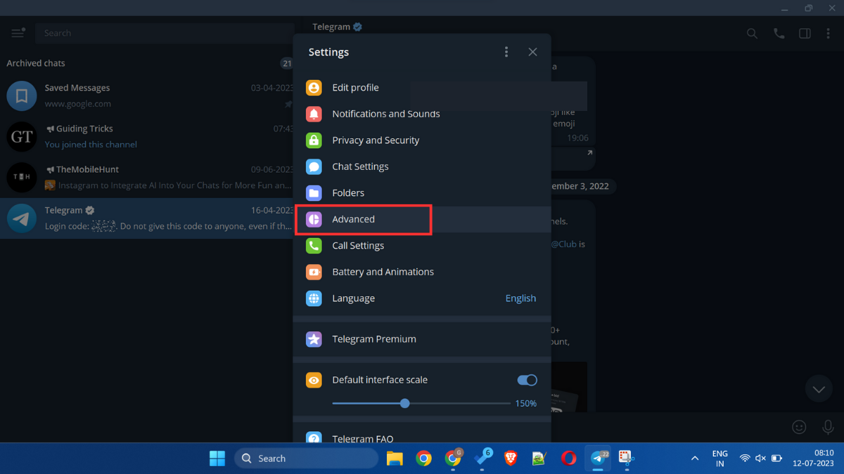 Advanced option in Telegram app on PC