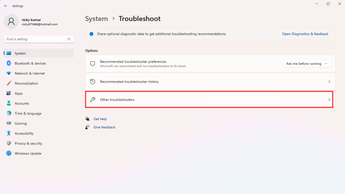 Other troubleshooters option in Windows
