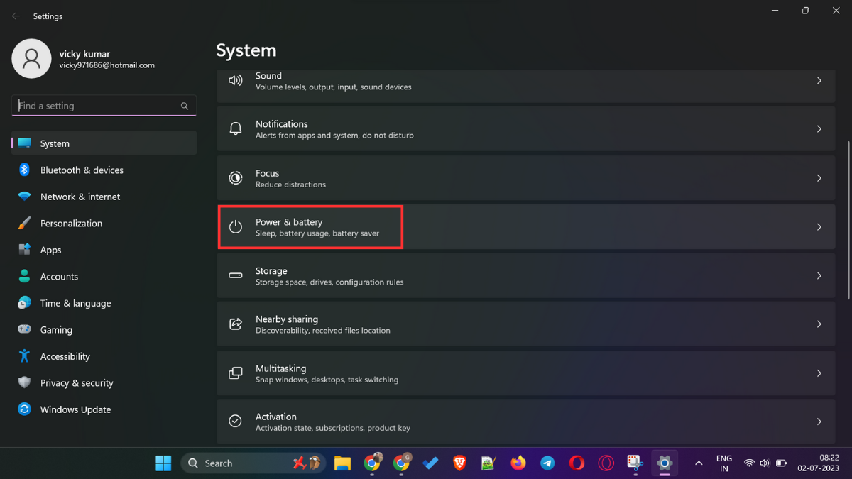 Power and battery option in Windows 11