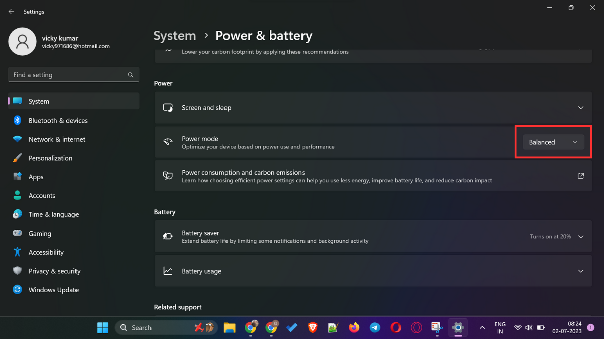 Power mode in Windows 11