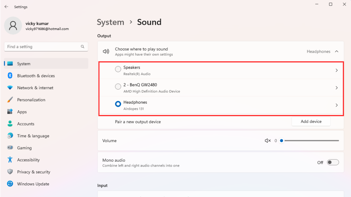 Selecting the correct sound output device