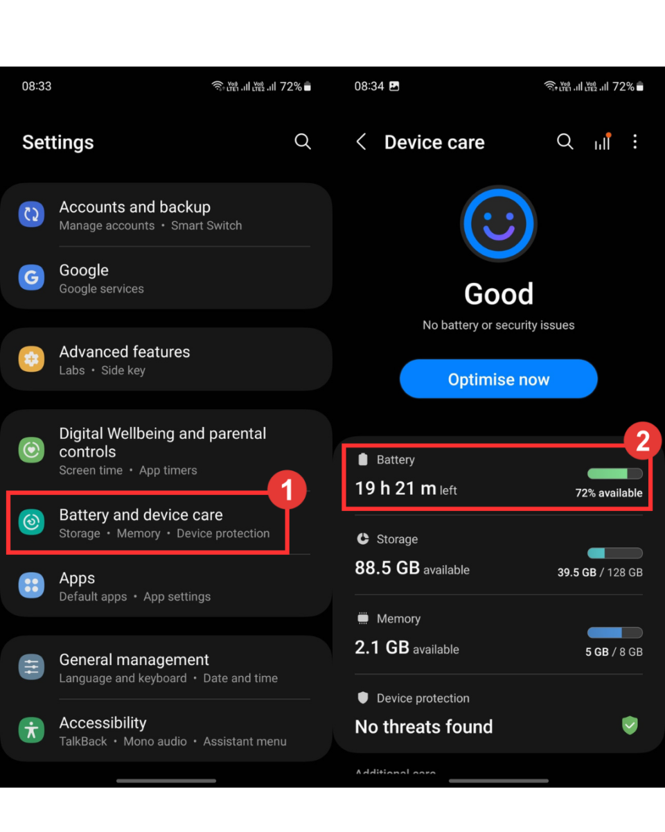 Battery settings in Samsung