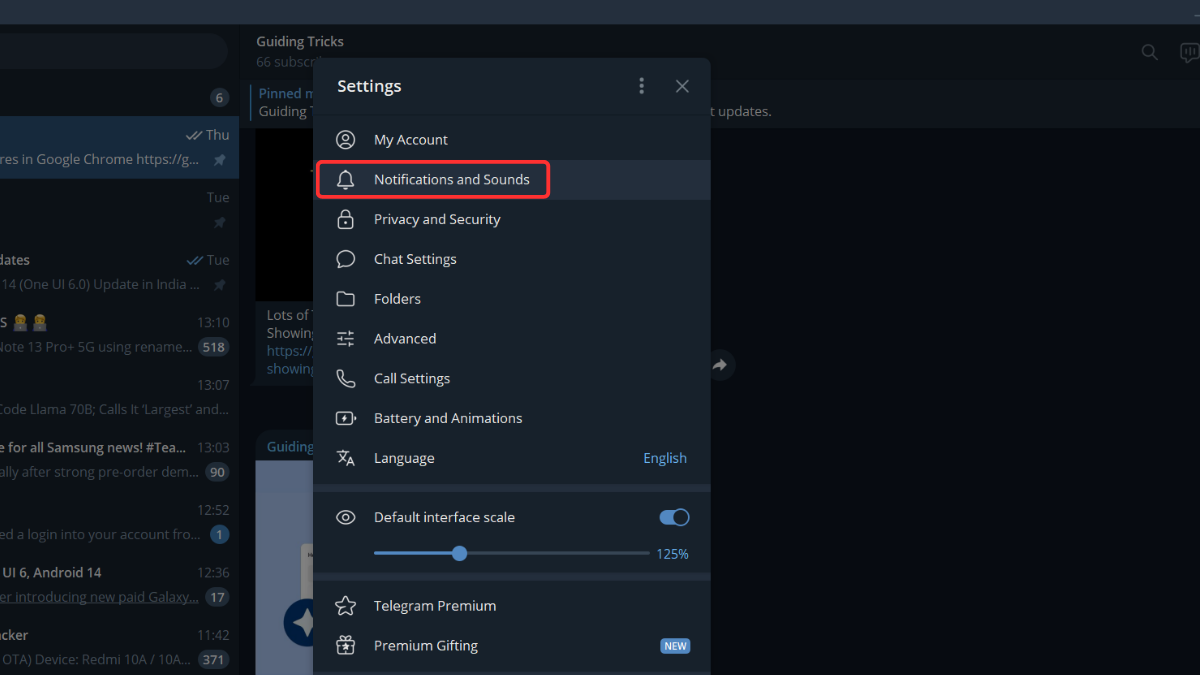 Telegram notifications and sounds option in windows