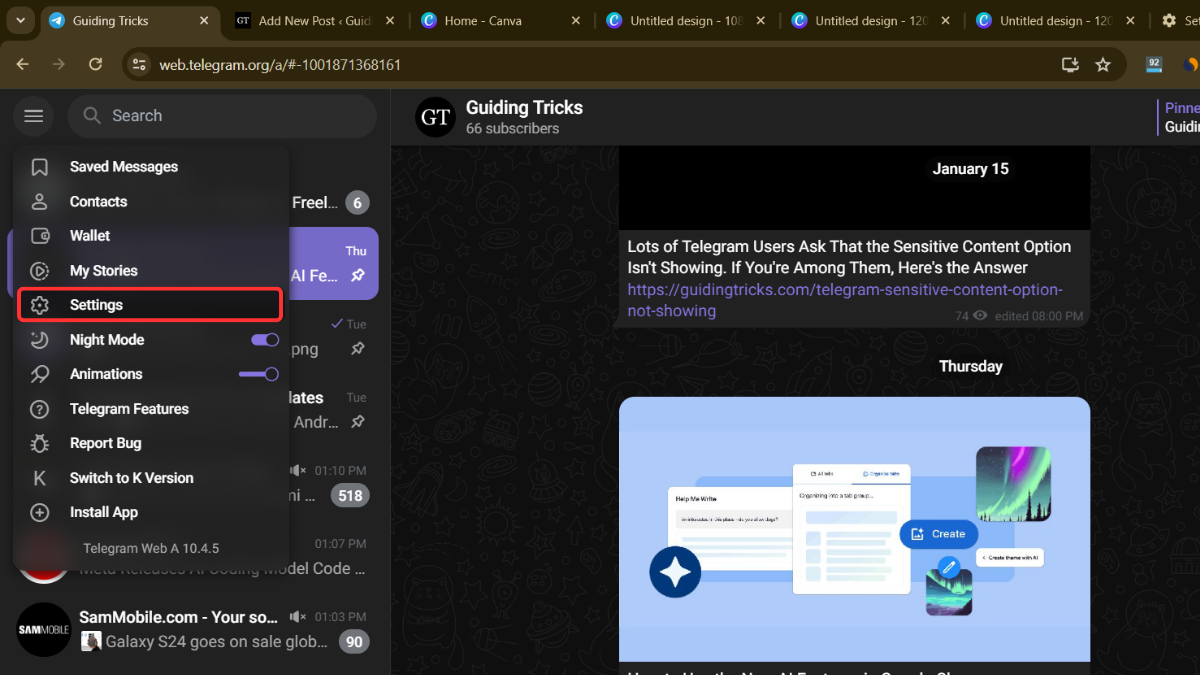 Telegram web settings